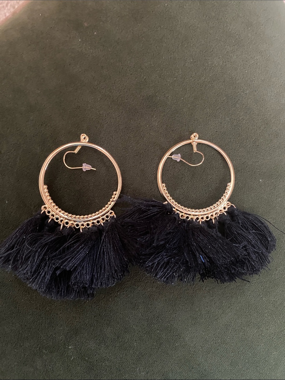 Gold Hoop Tassel Earrings in Black - Women Jewelry